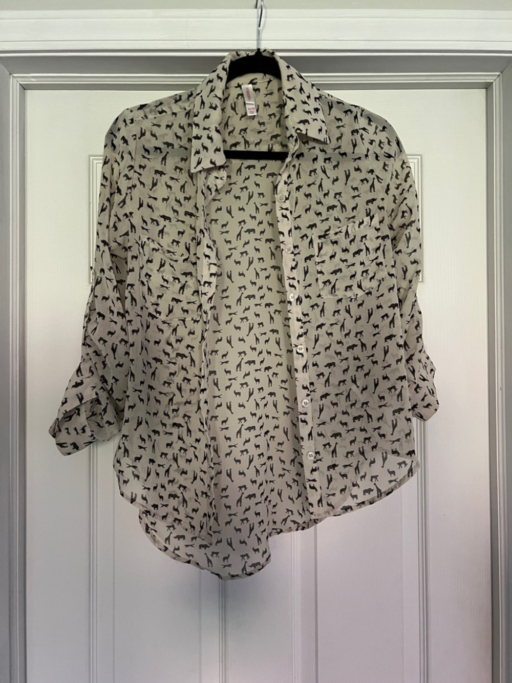 Xhilaration Cream Button-Down Shirt with Black Animal Print